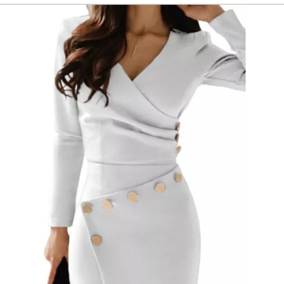 Asymmetric White Ruchet Midi Dress - Picture 2 of 9